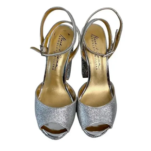 Badgley Mischka 7.5 Zale Open Toe Platform Block Heel Glitter Adjustable Buckle - Picture 7 of 9